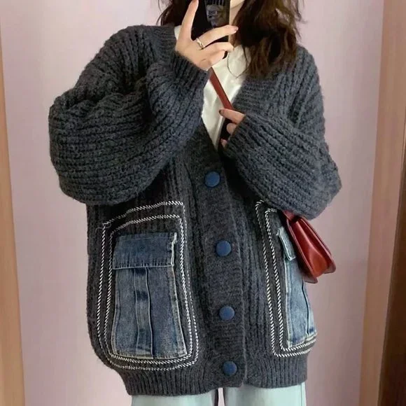 Grey Casual Womens Pocket Decor Drop Shoulder Oversized Cardigan - Picture 1 of 3